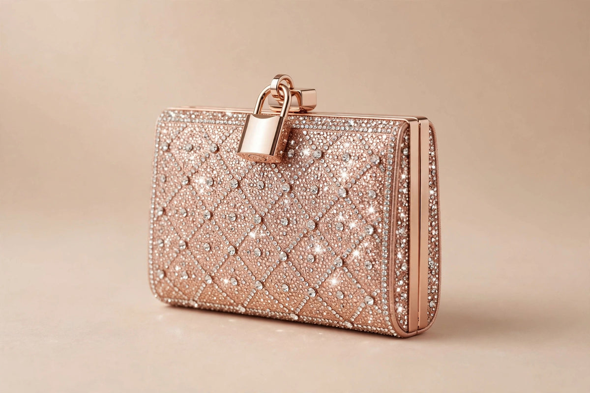 Crystal Padlock Mini Clutch – Rose Gold Evening Bag